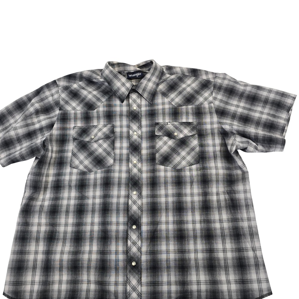 Wrangler Mens Plaid‎ Snap Front Western Shirt Short Sleeve XXL Black White Gray